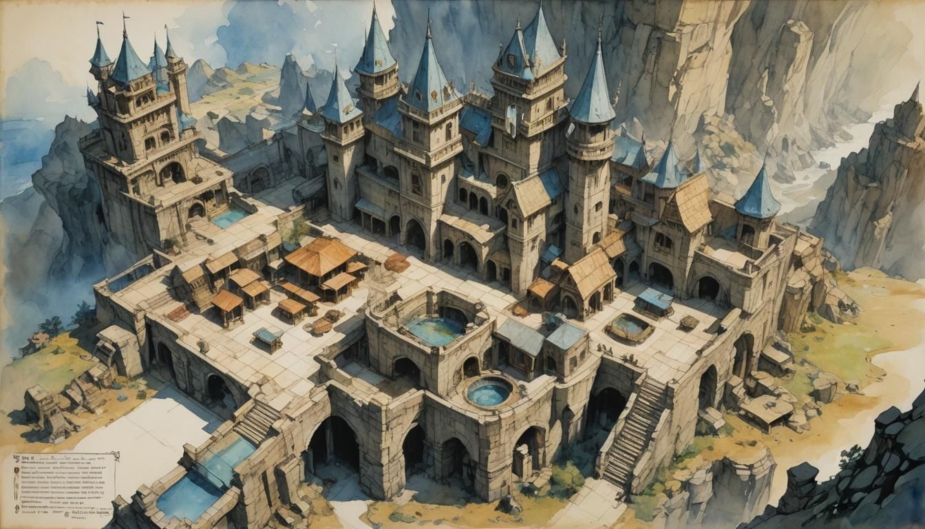 Detailed Watercolor Blueprint Design with Text and Symbols