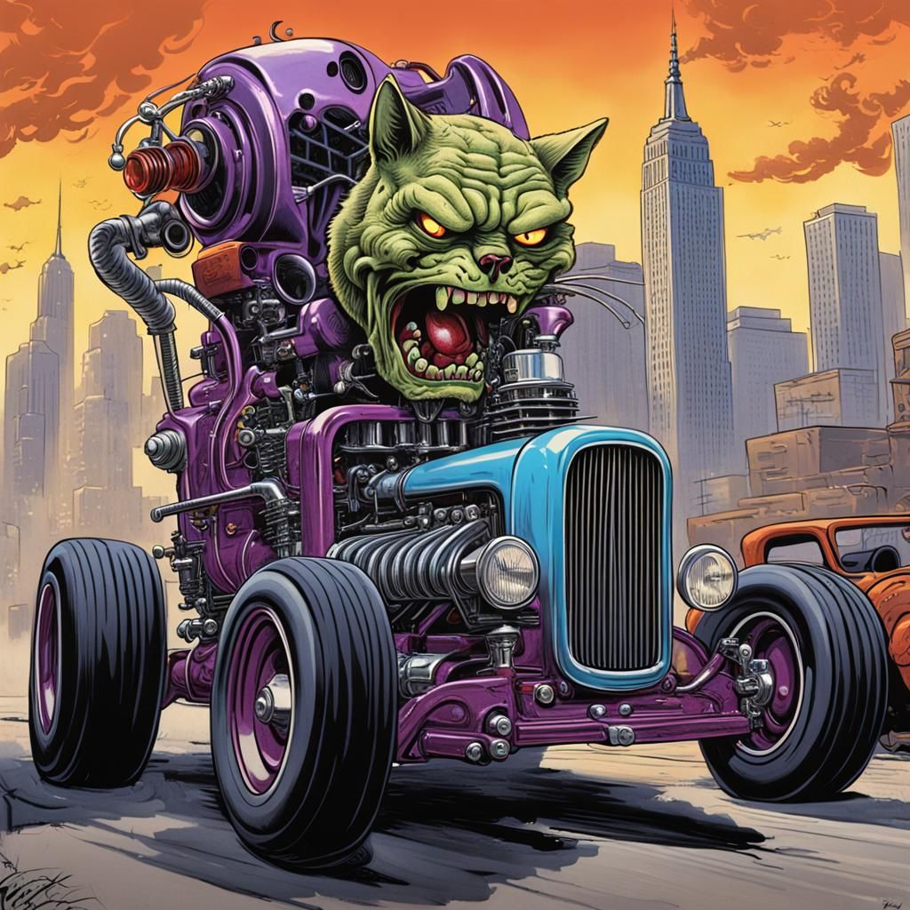 Zombie Cat Hotrod in Ed Roth Style