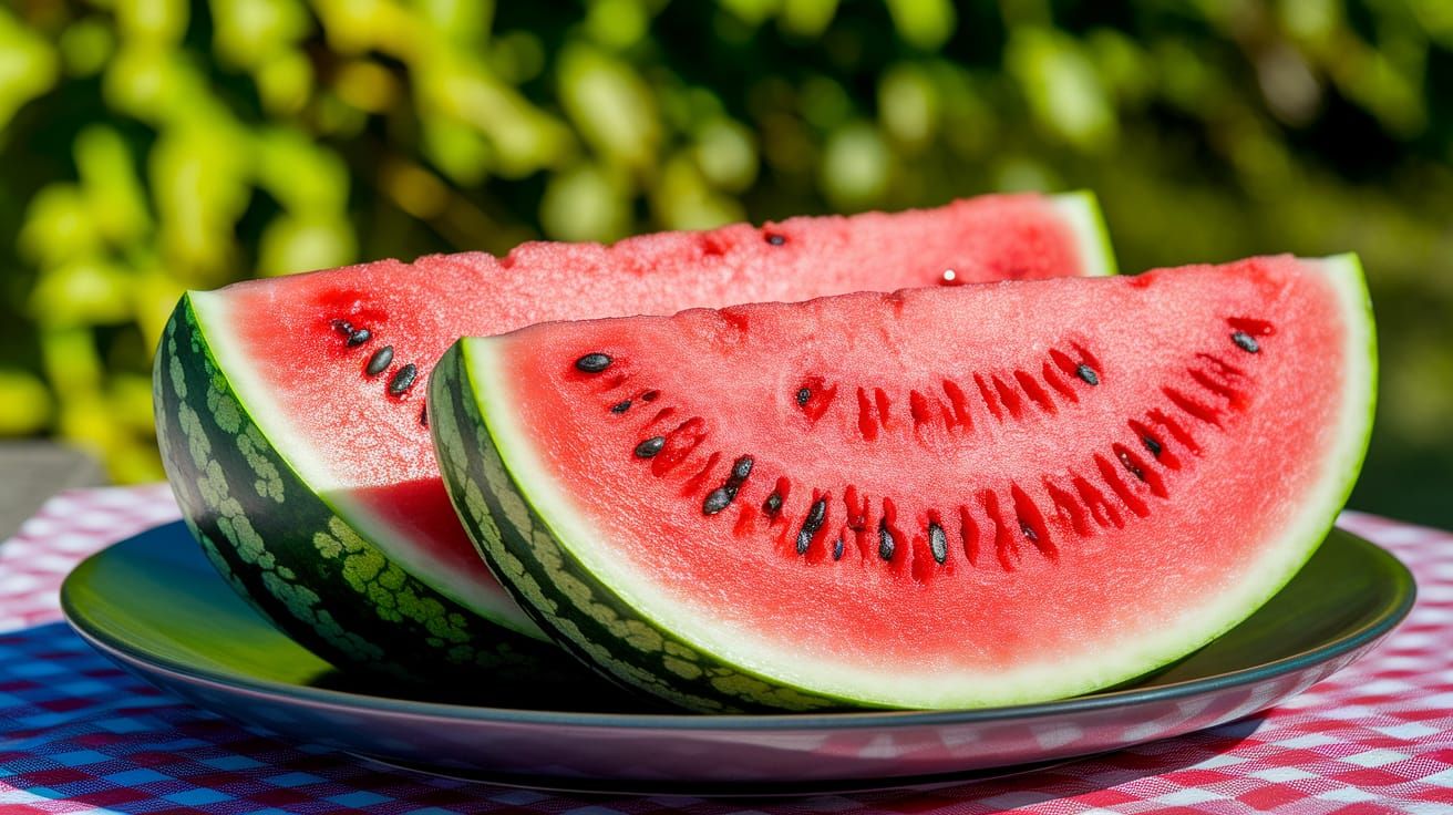 Watermelon Slices on a Dark Plate, Summer Picnic Scene