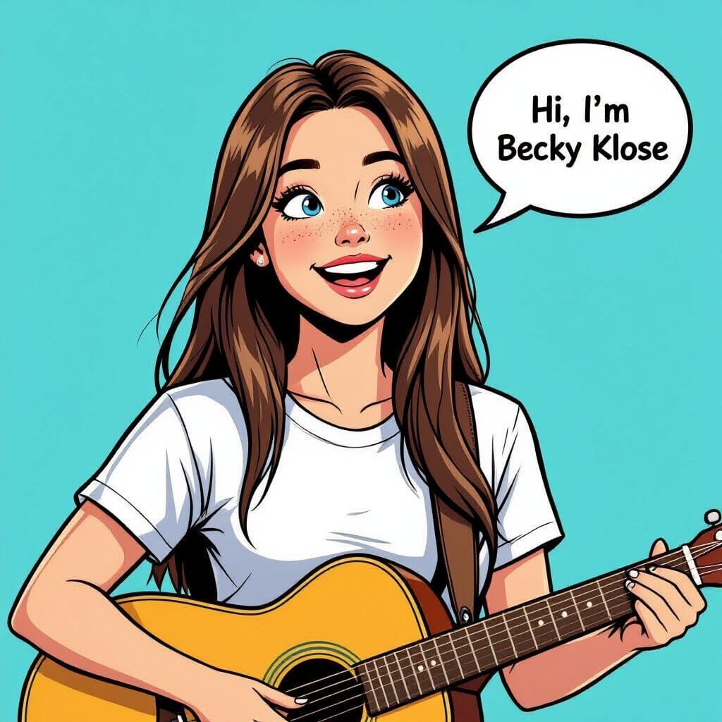 Young Woman With Guitar Shares Greeting In Comic Style