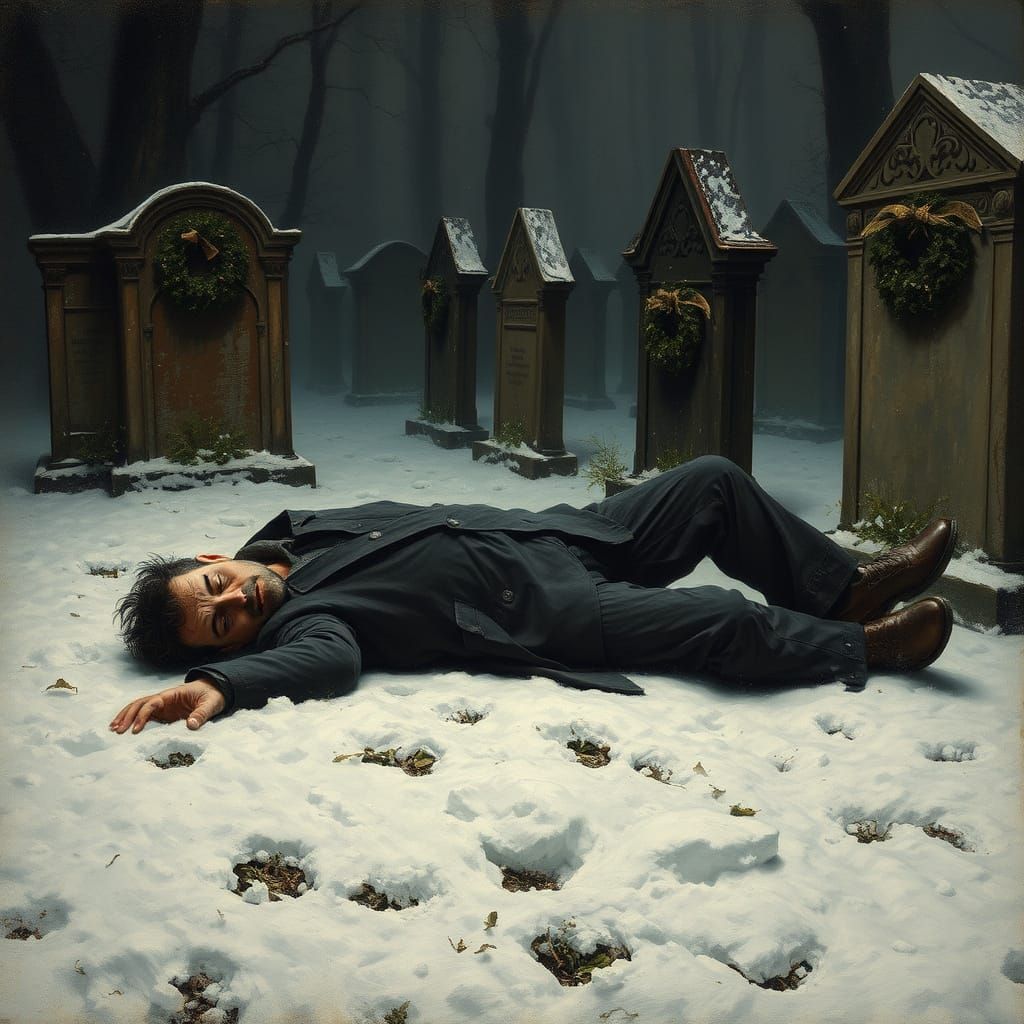 Gothic Graveyard: Man Collapsed in Snowy Scene