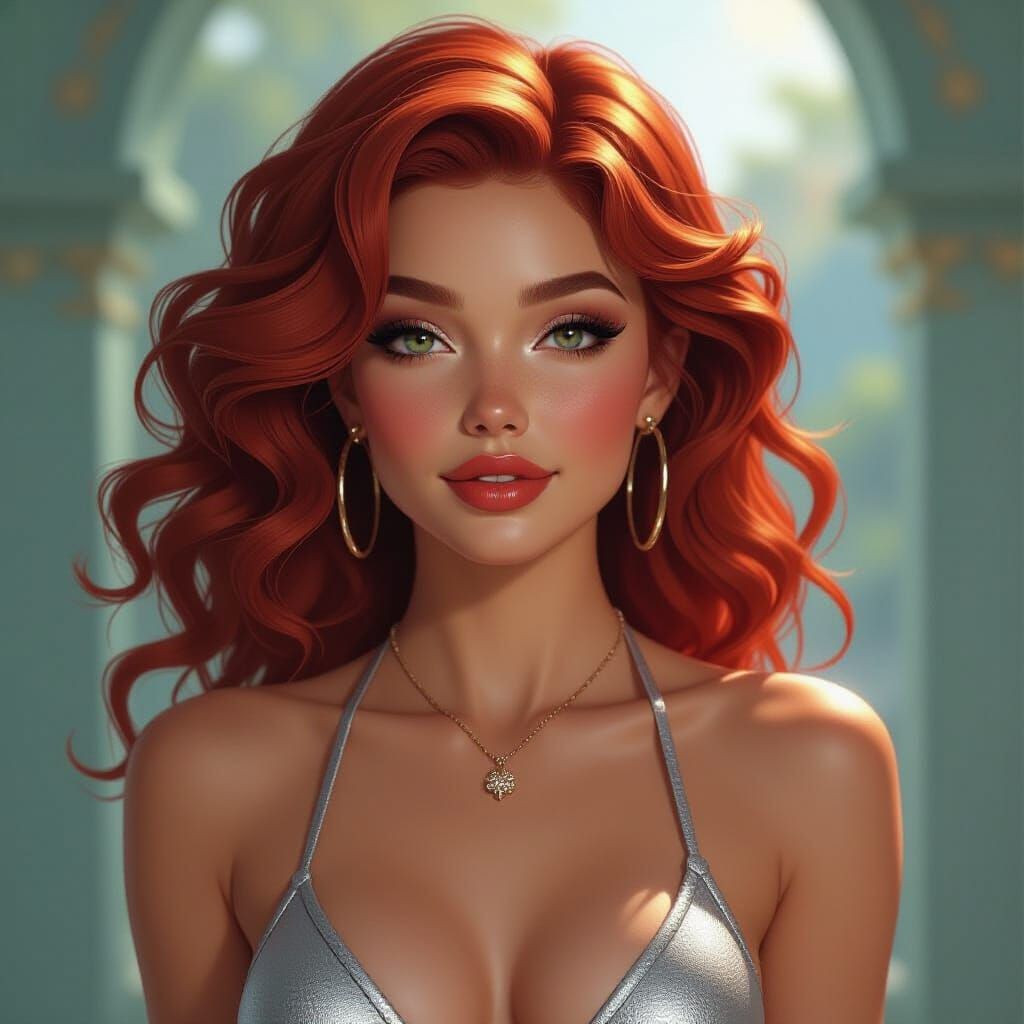 Redhead in Silver Bikini: Hyperrealistic Digital Art