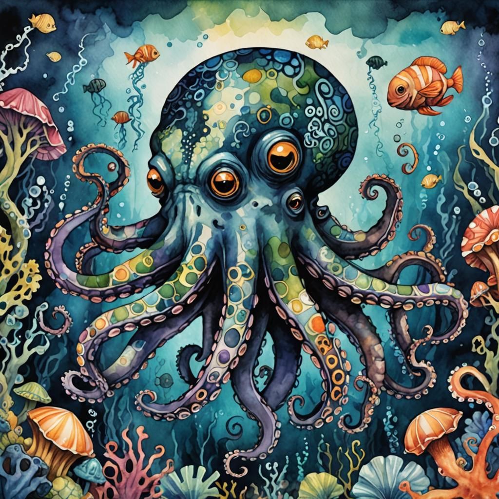 Ominous Patchwork Octopus in Pop Art Watercolor
