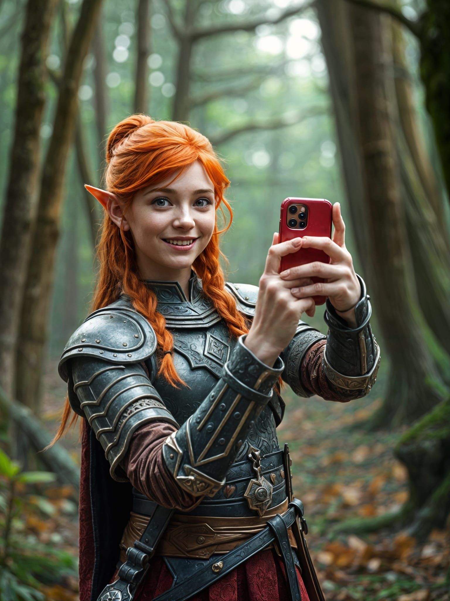 Elven Ginger Warrior Girl Selfie in Ancient Forest