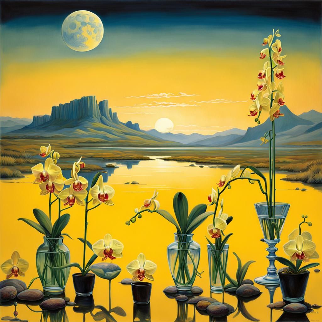 Yellow Orchids in Glass Pot: Painterly Style