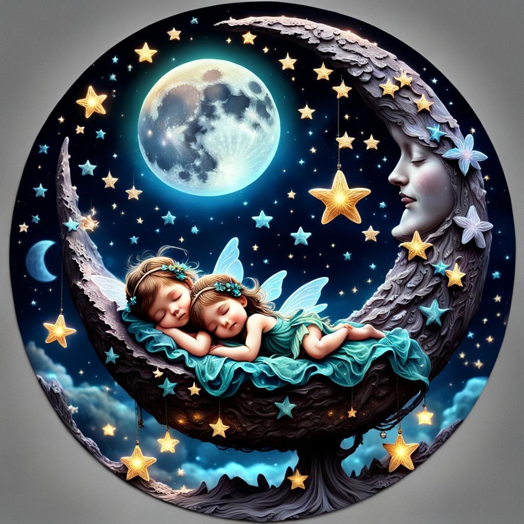 Fairies Sleeping on Bioluminescent Moon in Galaxy