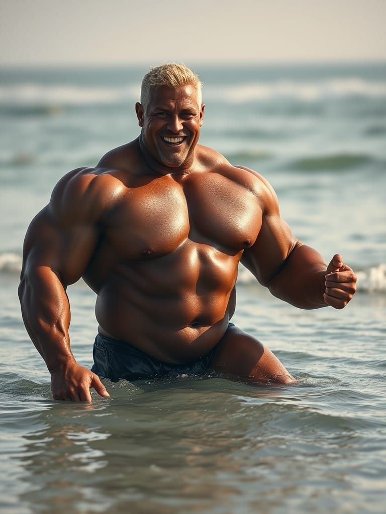 Beefy bodybuilder in the water