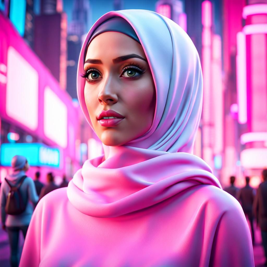 Woman in Pink Hijab in Futuristic Cityscape