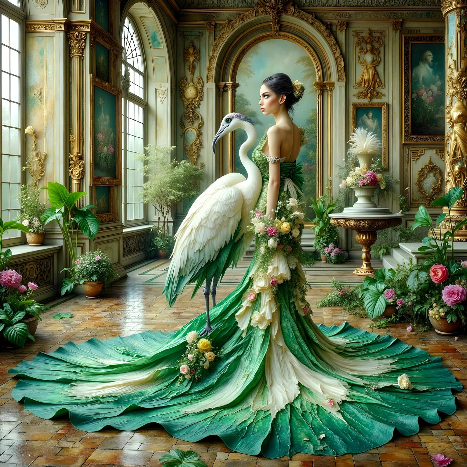 Woman and Bird in Ornate Ballroom