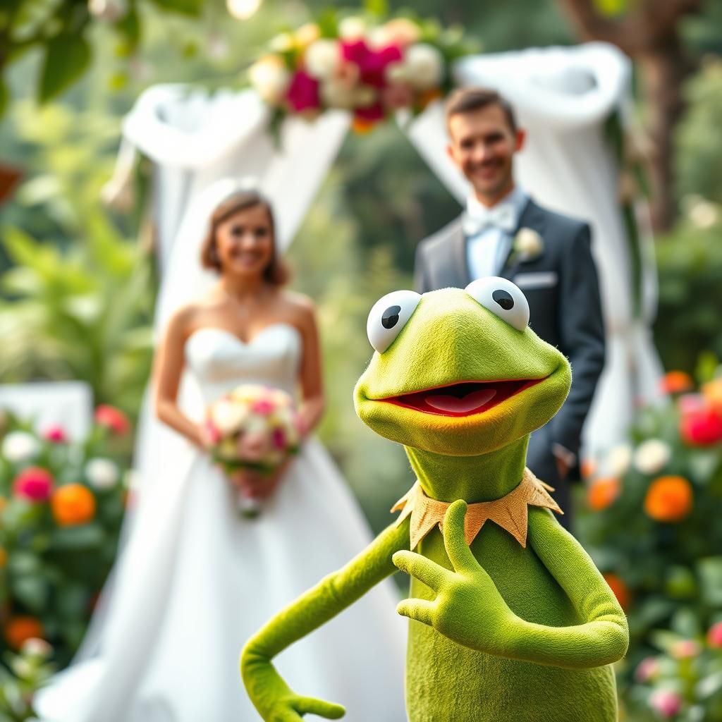 Kermit the frog muppet photobombs a wedding photo
