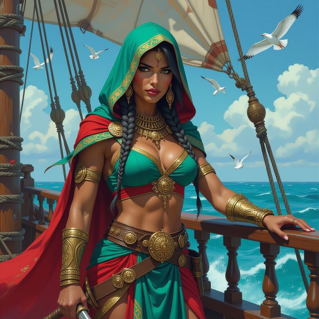Female Warrior on Ship Deck as Detailed Oil Painting