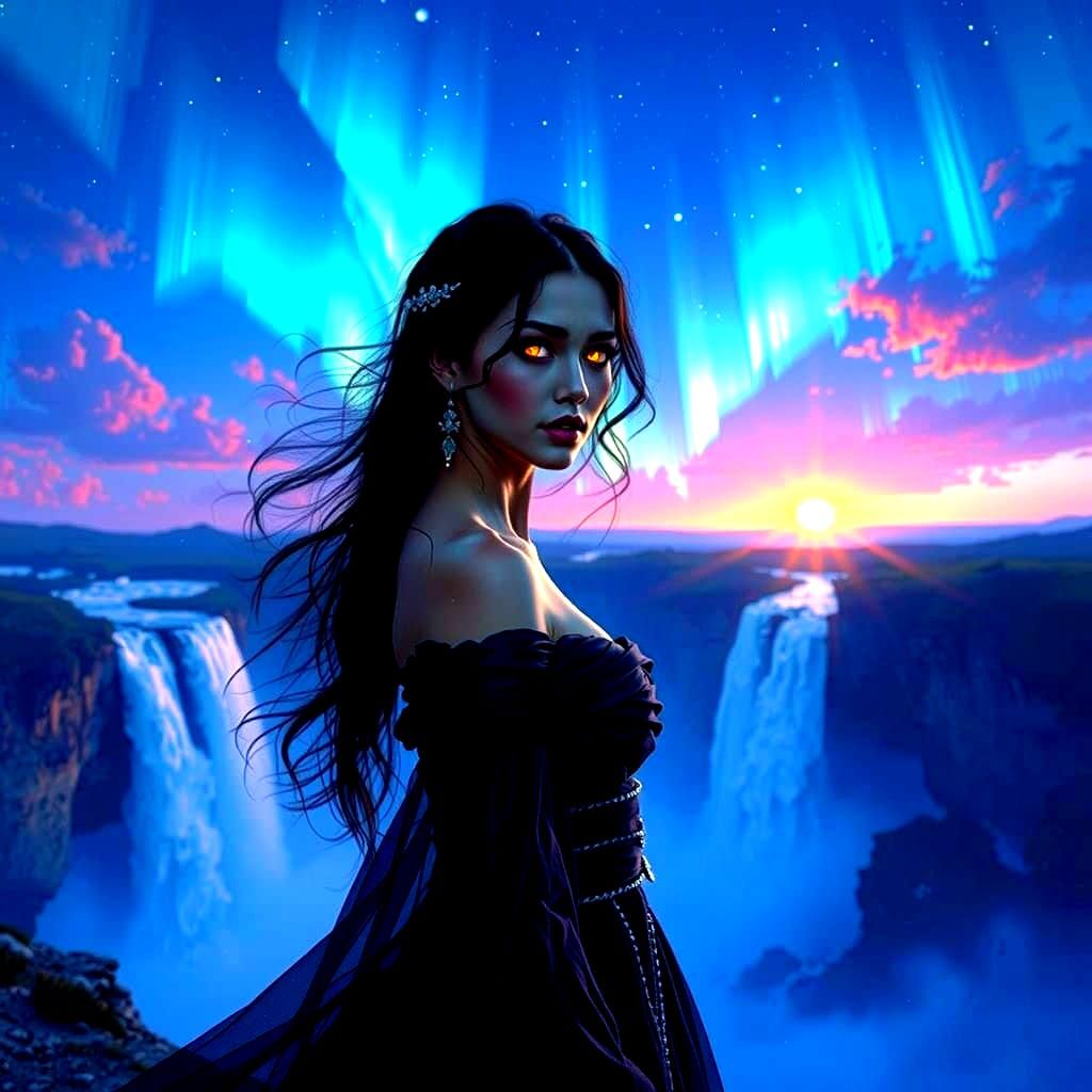Sapphire-Eyed Woman Amidst Aurora in Synthwave Style