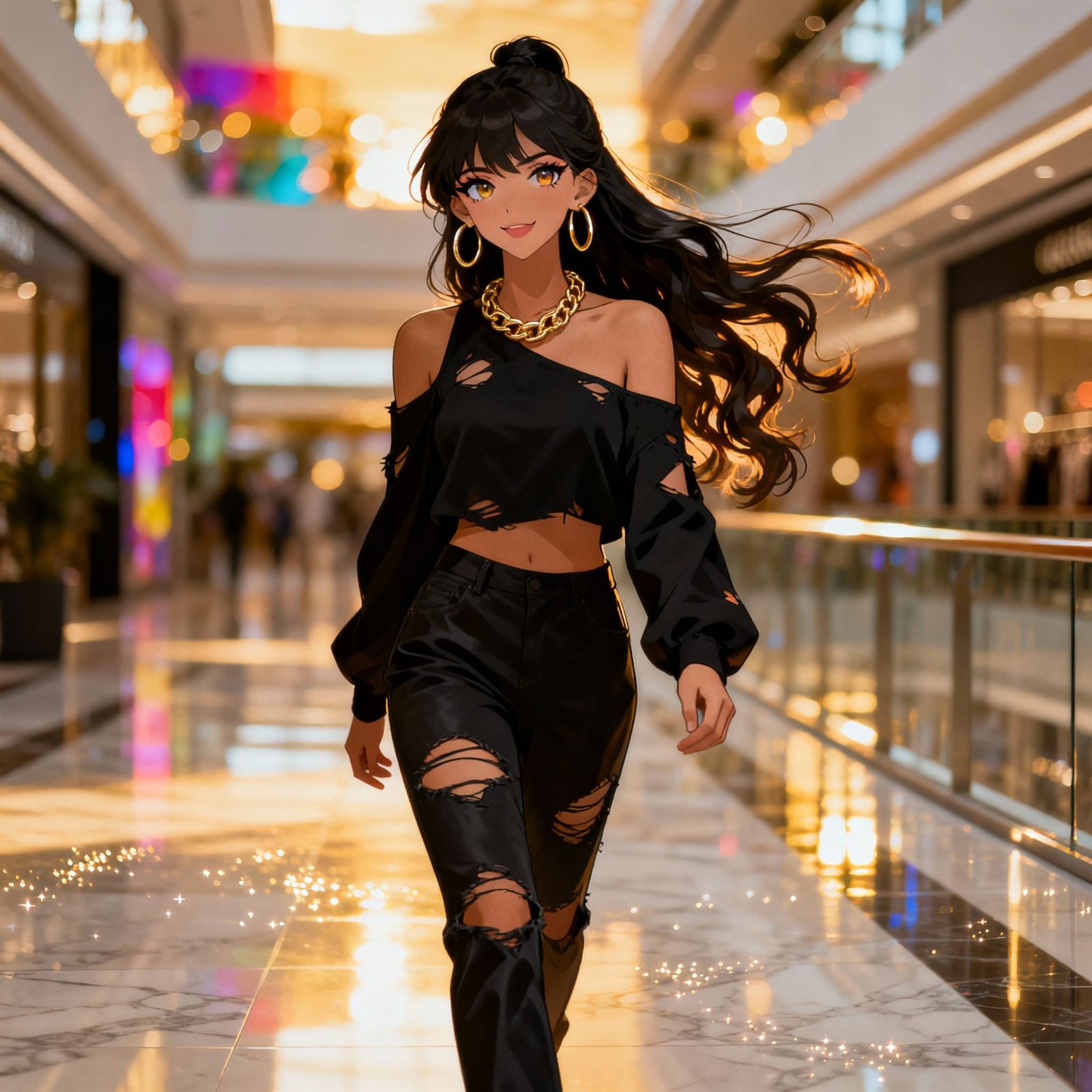 Stunning Woman in Modern Mall: Hyper-Realistic Anime Style