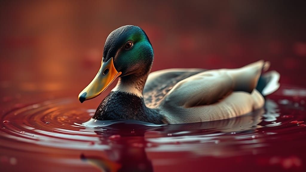 Duck Swimming in Crimson Liquid, Hyperrealistic Digital Art
