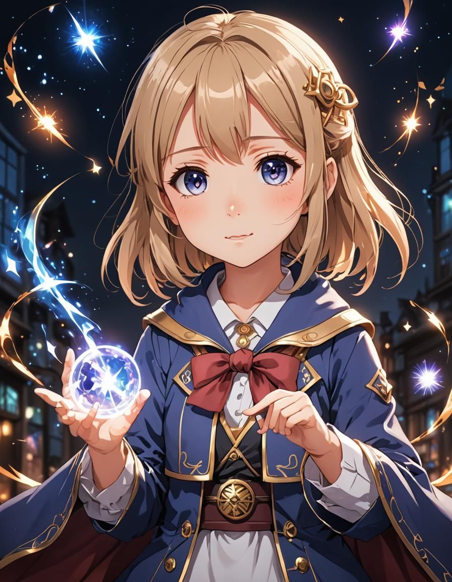 Anime Little Girl Practicing Magic in Anime Style