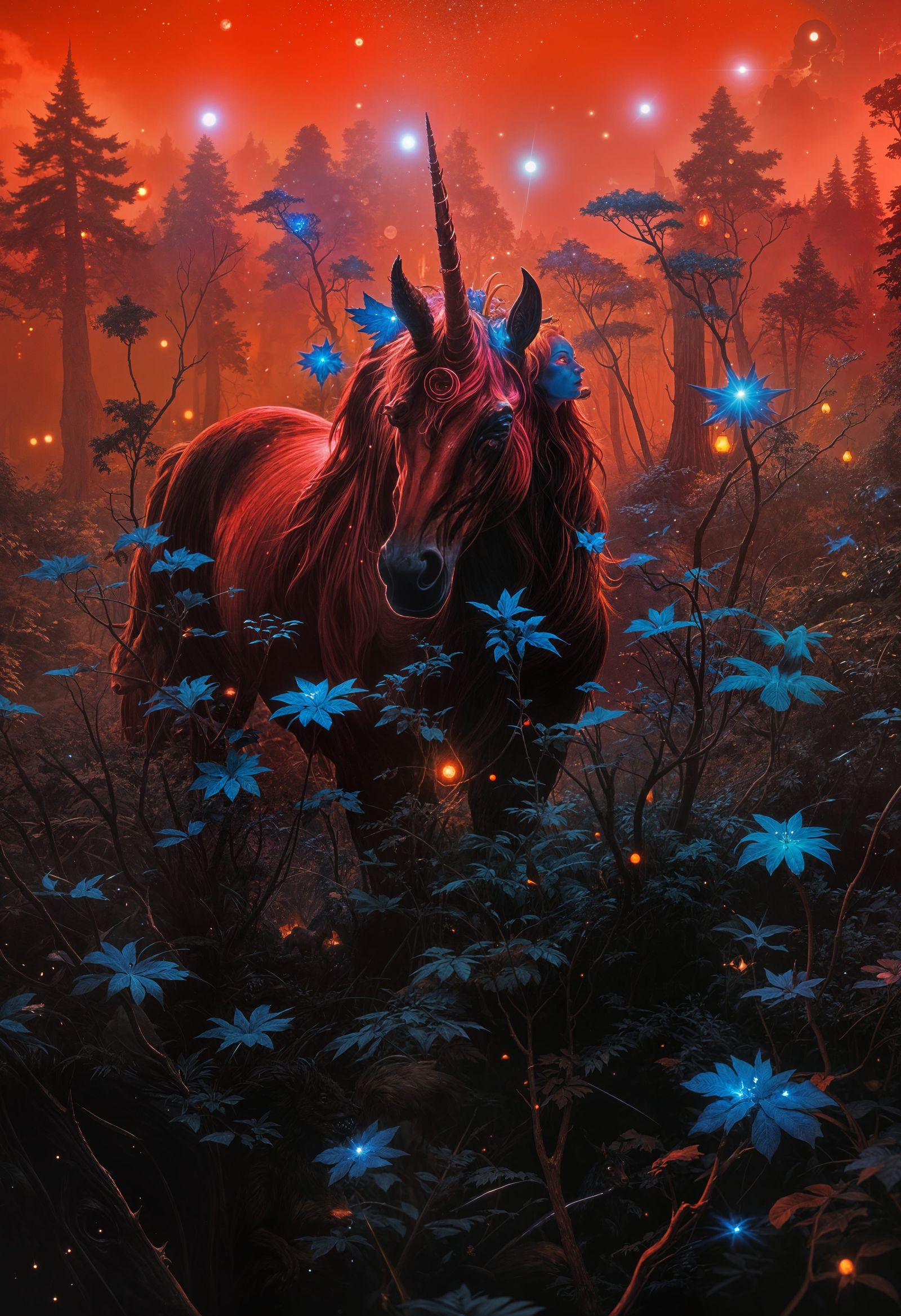 Red Unicorn Portrait in Dark Fantasy Style