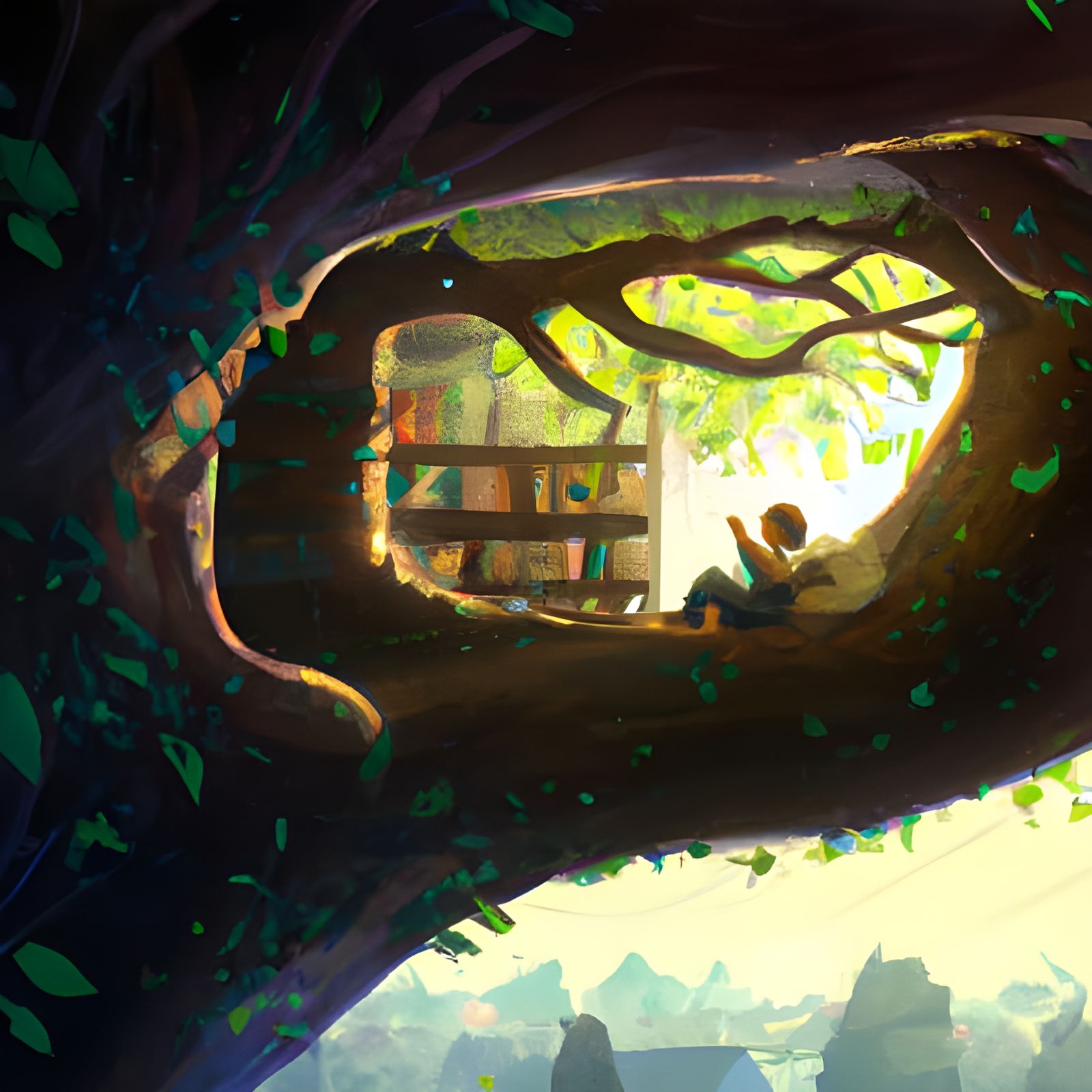Reader in Tree Nook, Ghibli Anime Style