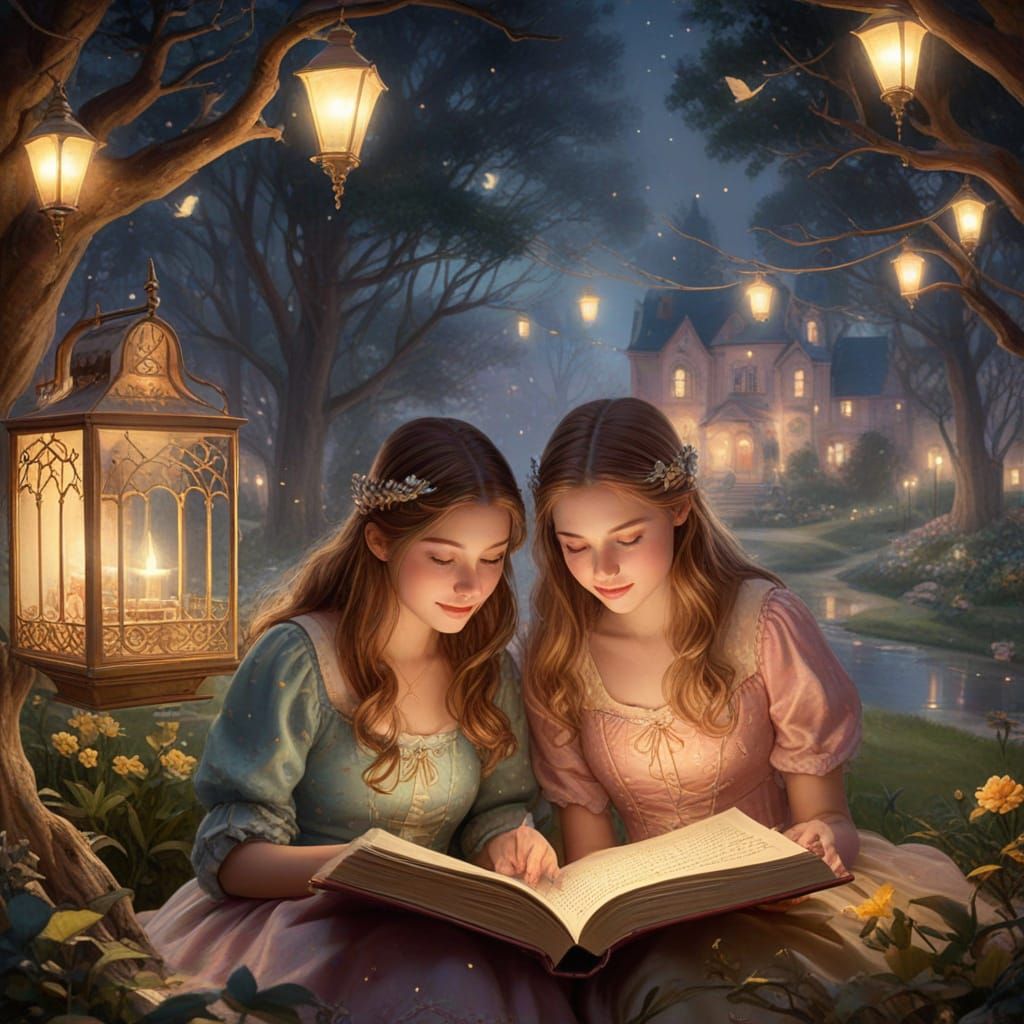 Girls Reading a Fairytale Book in Watercolor Fantasy