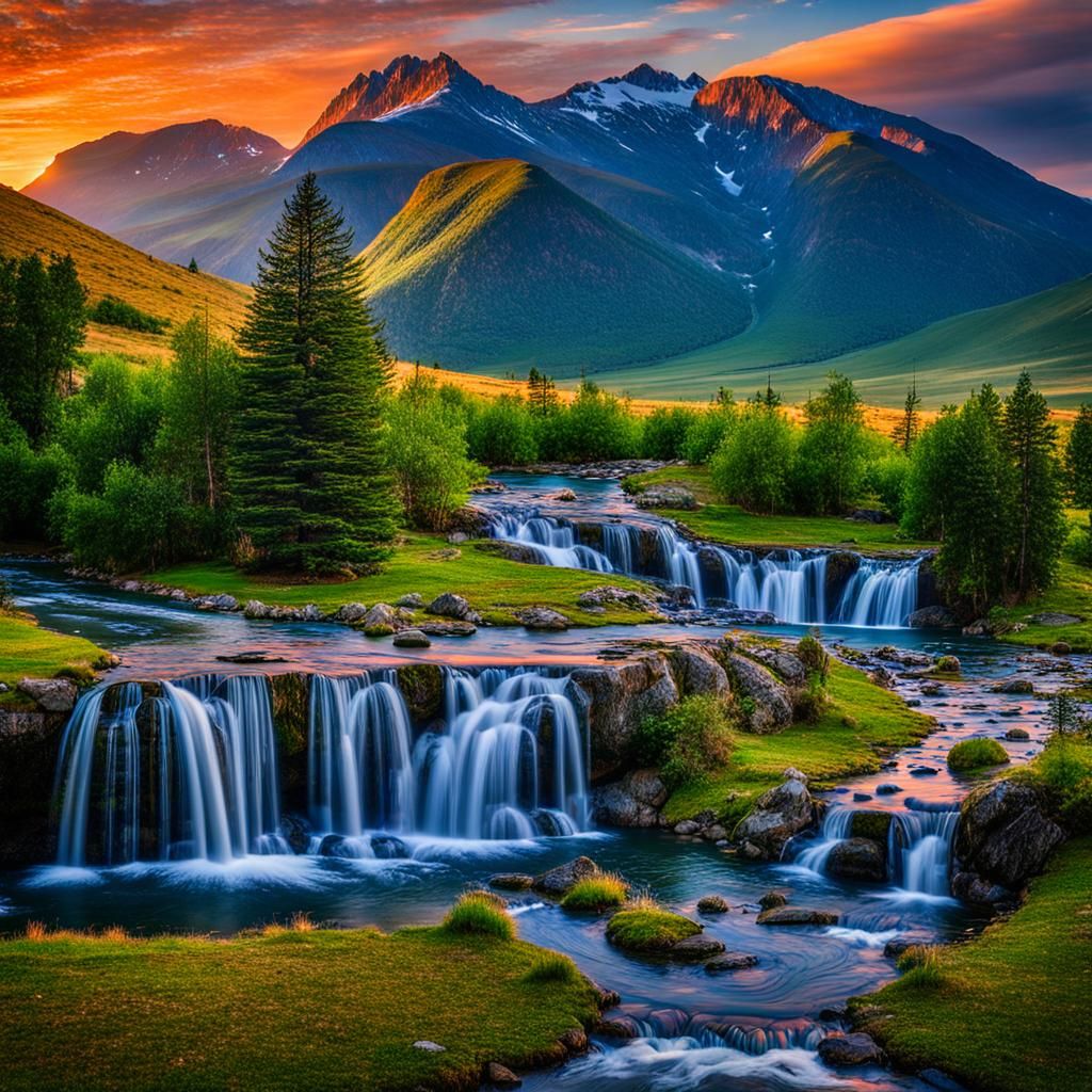 Mountains and Waterfalls at Sunset
