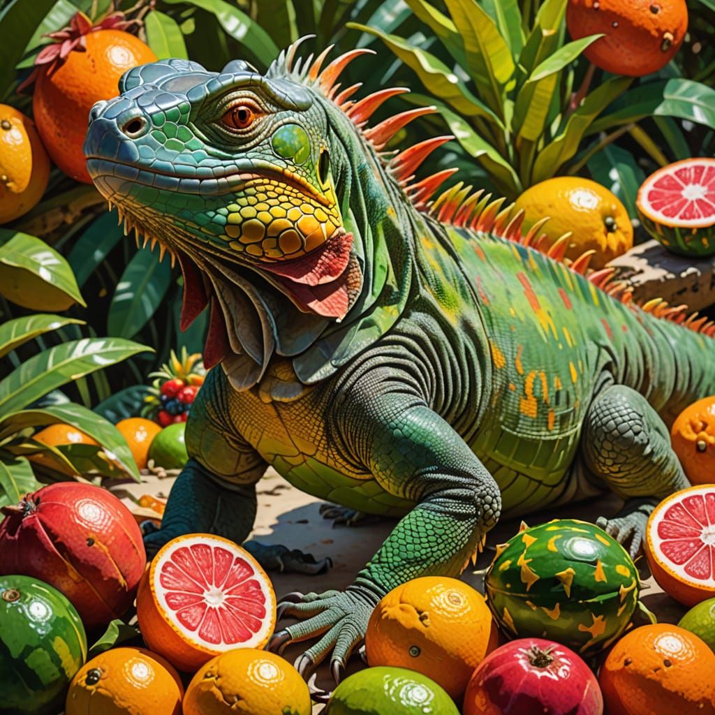 Cheerful Iguana Enjoys Tropical Fruit Snack