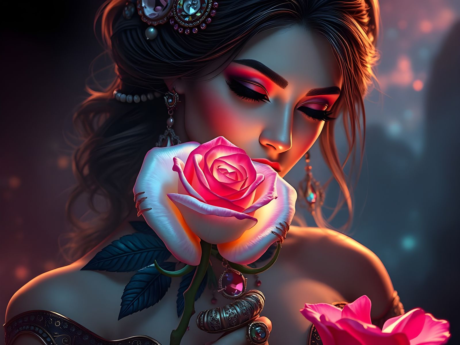 Ethereal Portrait of a Woman with Rose and Rainbow Jewelry