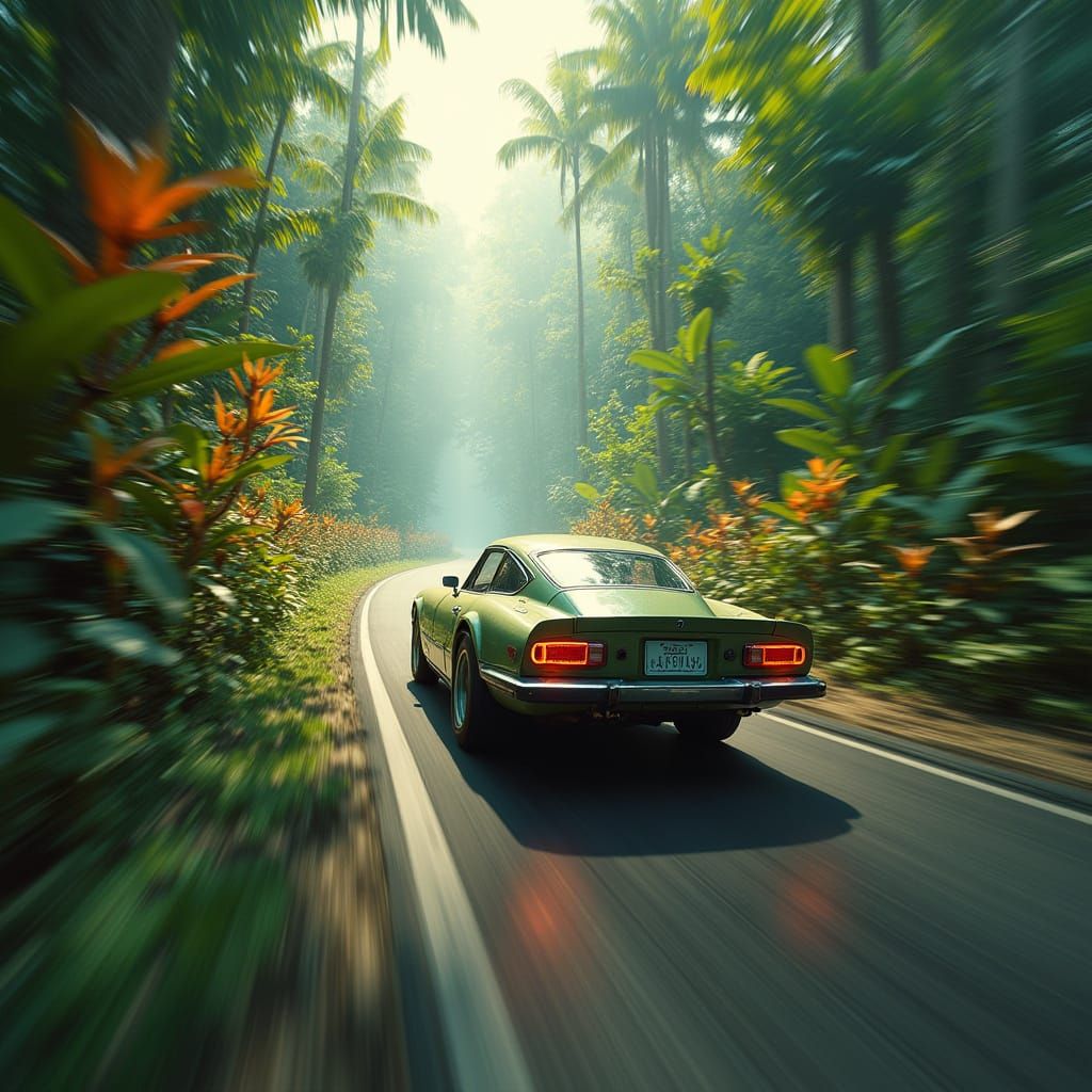 Car Drifting Through Jungle in Futuristic Style
