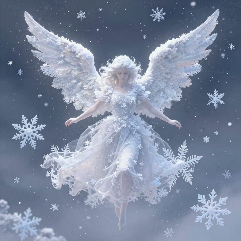 Ethereal Snowflake Angel Descends in Winter Blizzard