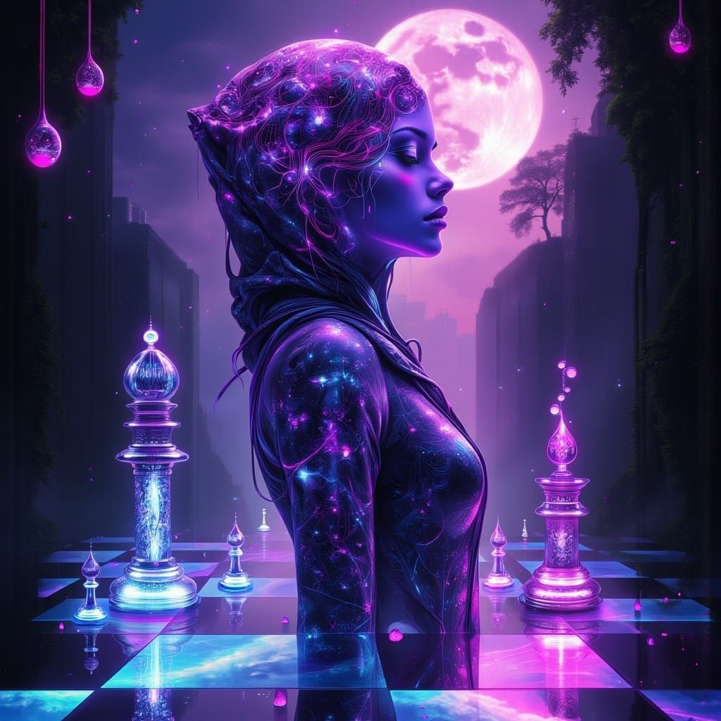 Glowing Chessboard Goddess Amidst Neon River