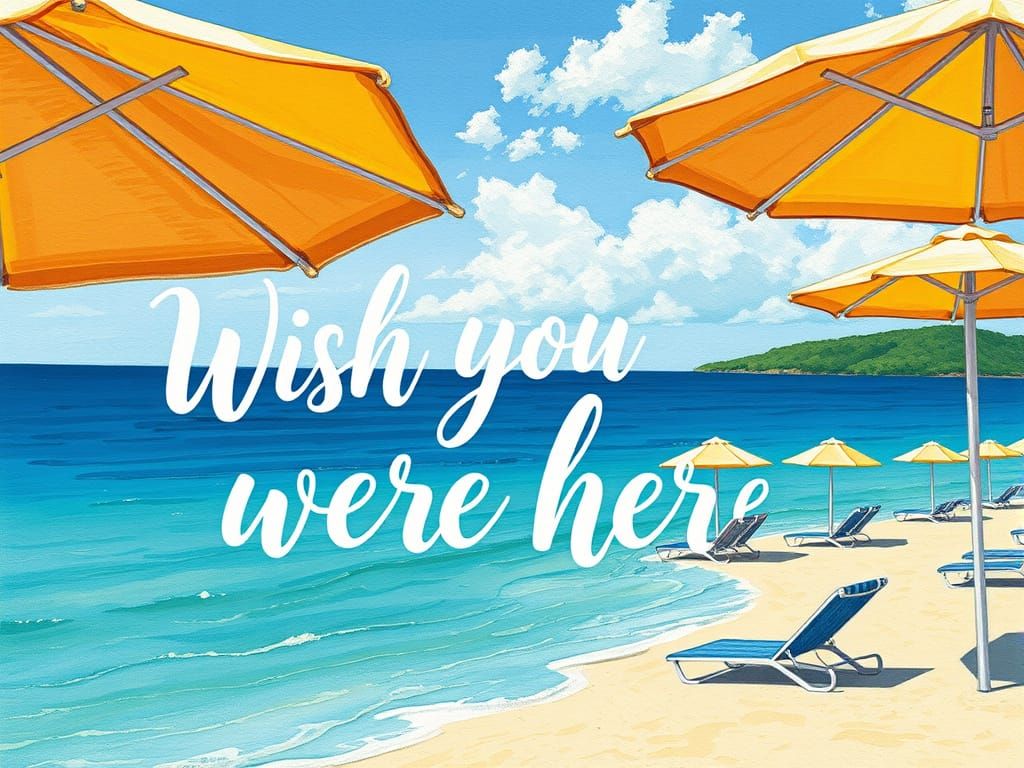 Seaside Beach Postcard with Parasols in Gouache Style