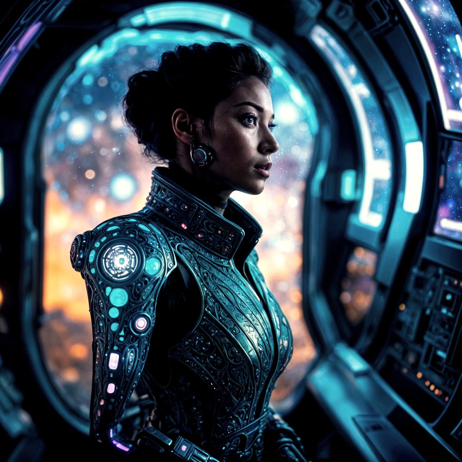 Cyborg Smuggler in Spaceship, Bioluminescent Sci-Fi Art