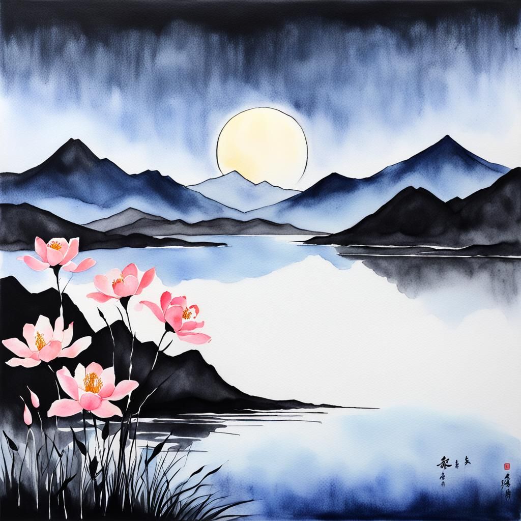 Minimalist Chinese Ink Landscape with Neon Light