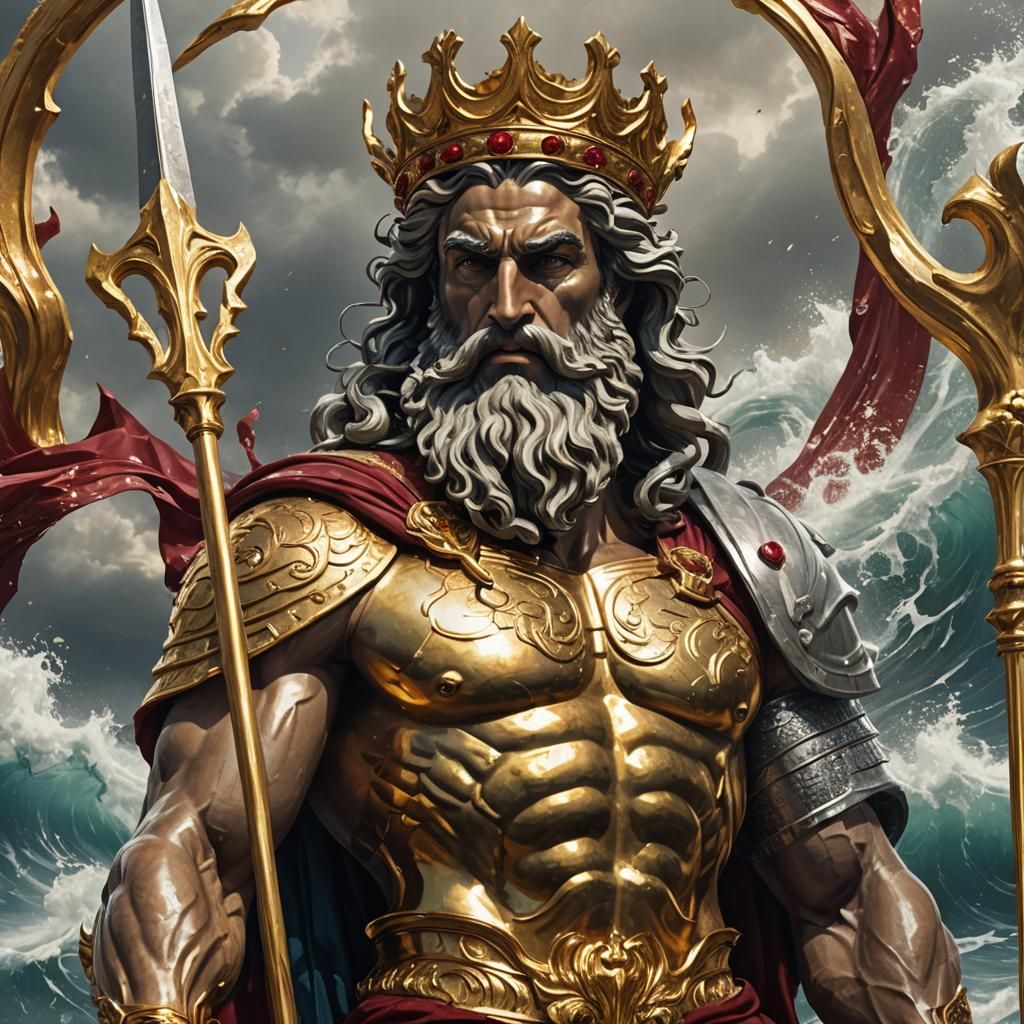 Poseidon, God of the Sea, in Retrowave Style