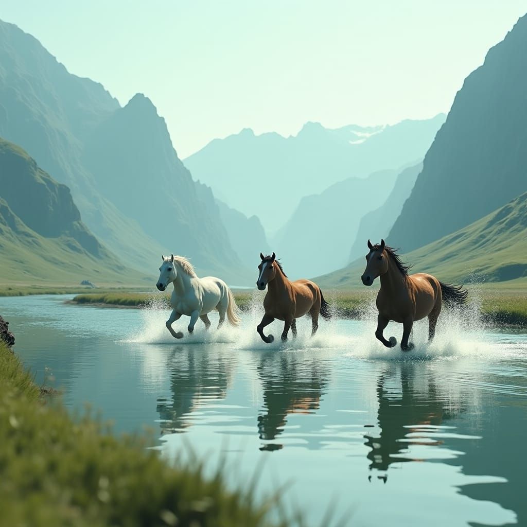Majestic Horses Run Through Emerald Valley River