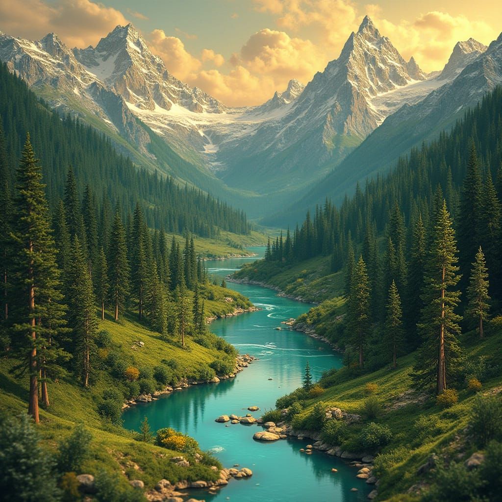 Golden Fantasy Landscape with Emerald Forest and Sapphire Sn...