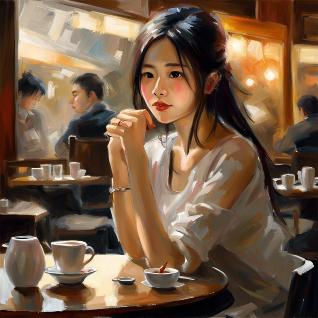 Beautiful Japanese Girl in Cafe: Royo-Inspired Oil Painting