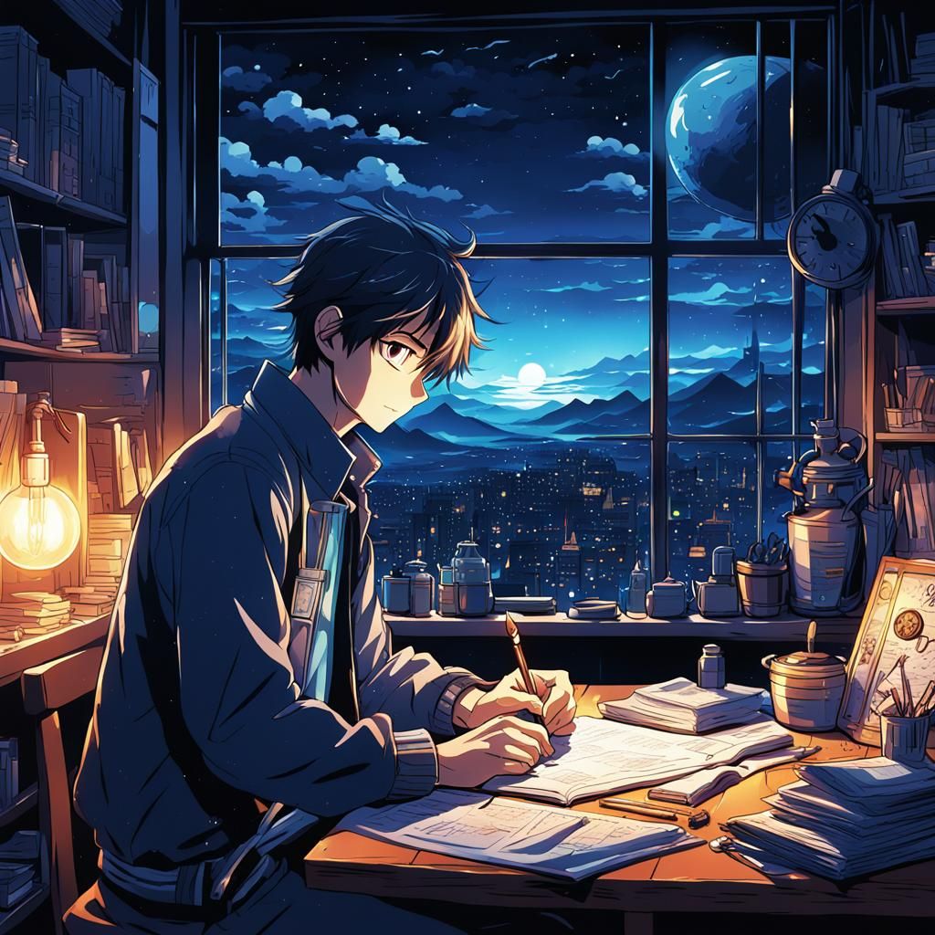 Manga-Style Art of Burning the Midnight Oil