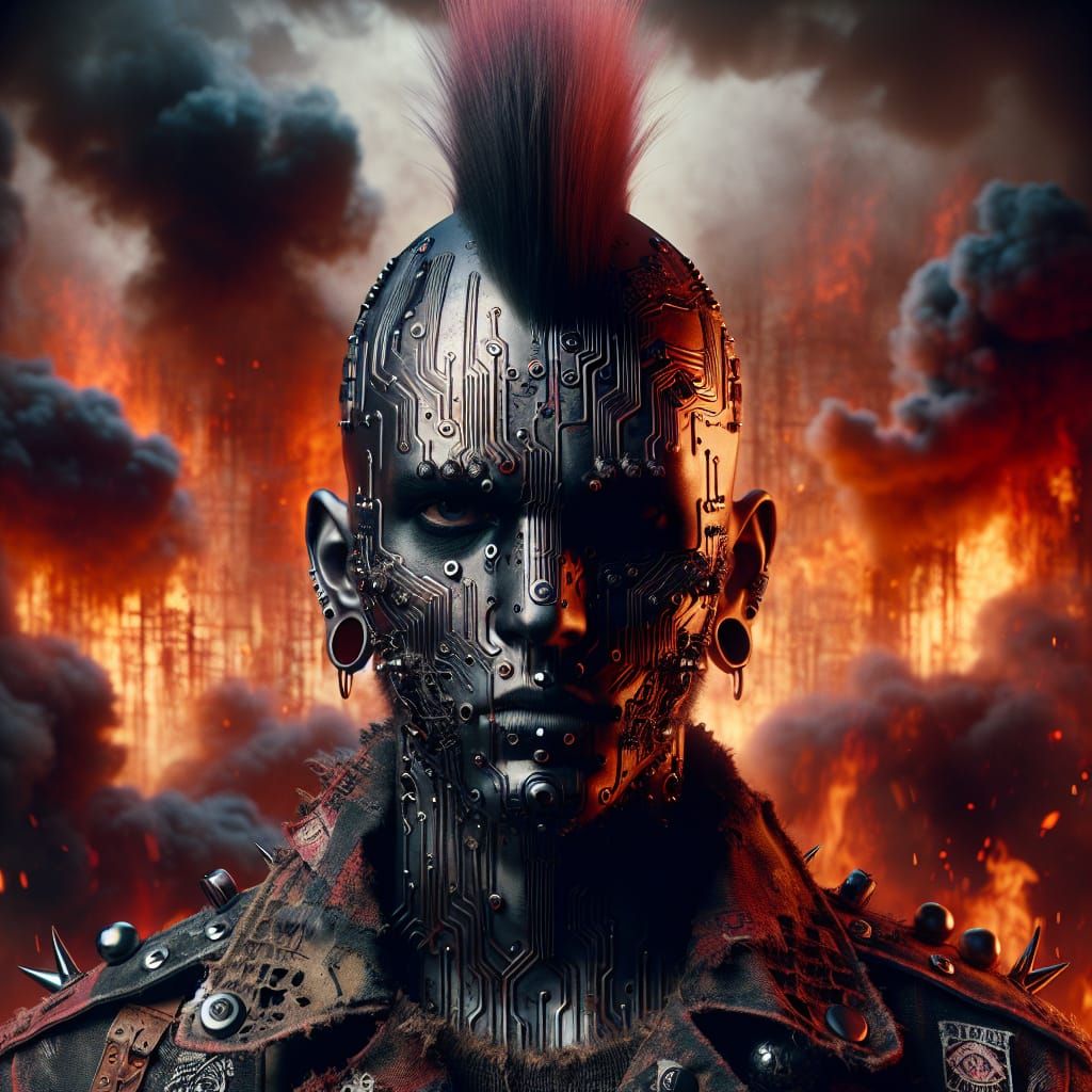 A liquid metal grunge punk with a front face view, a mohawk hairstyle, raging fire in the background, more prominent pun...