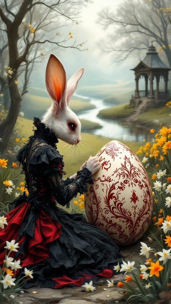 Victorian Rabbit Paints Elegant Easter Egg in Gothic Style
