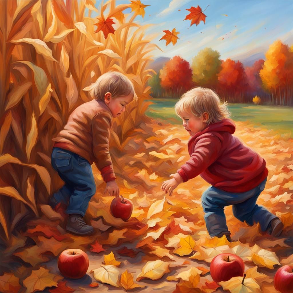 Hyperrealistic Toddlers Playing in Cornfield with Fall Leave...