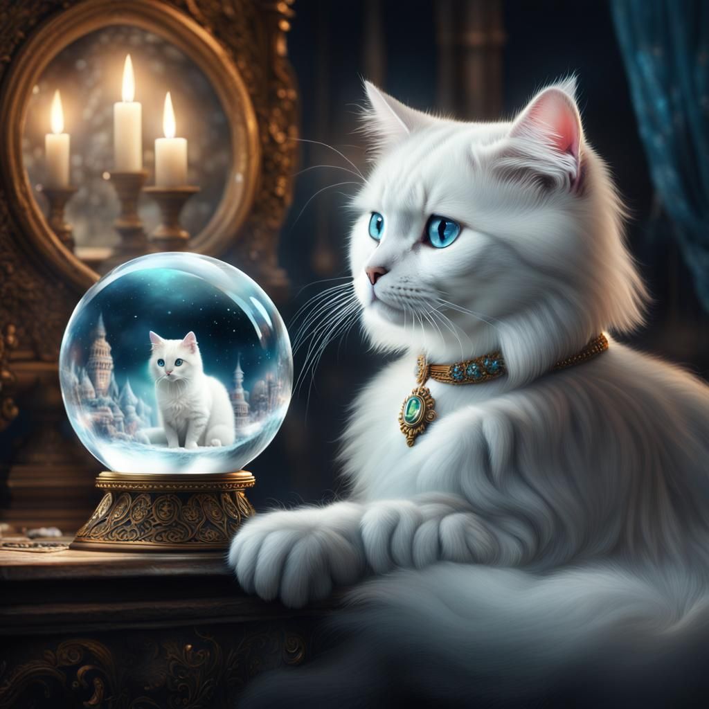 Angora Cat Gazing into Crystal Ball