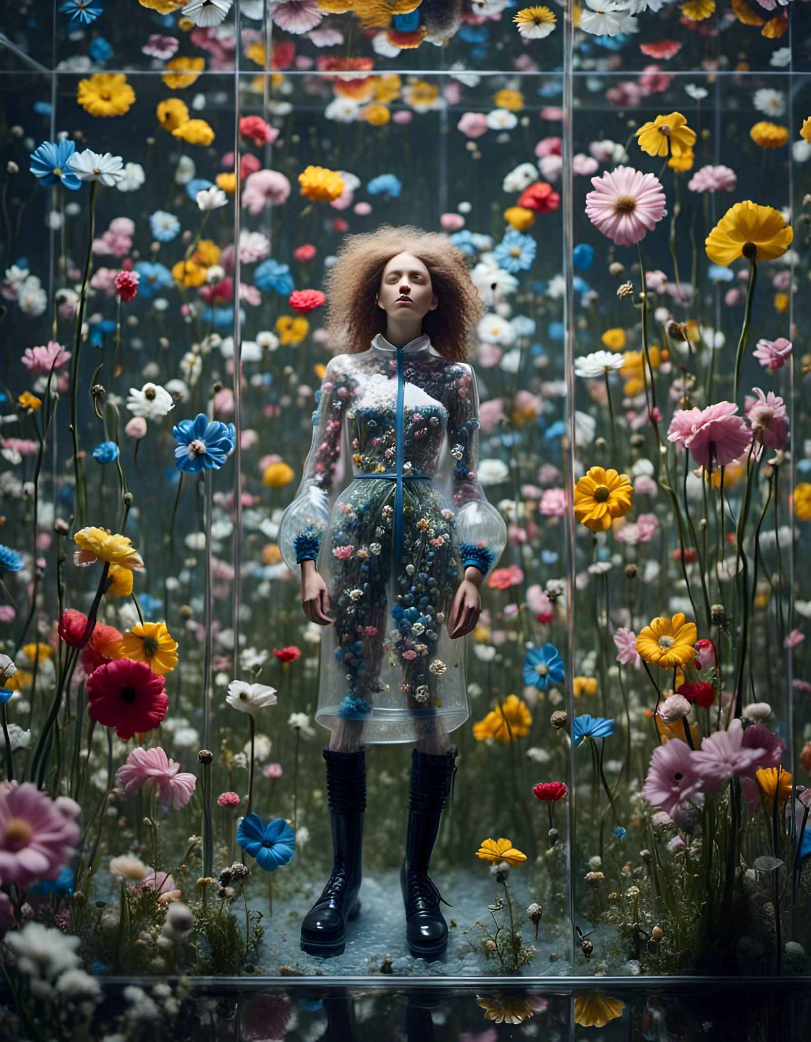 Flowers Trapped in Glass Rainboot, Hyperrealistic Rendering