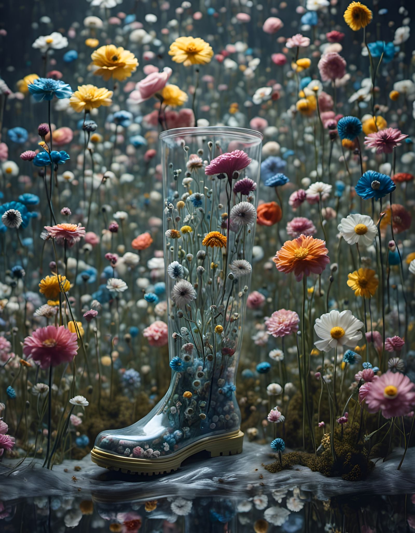 Flowers Trapped in Glass Rainboot: Surreal Still Life
