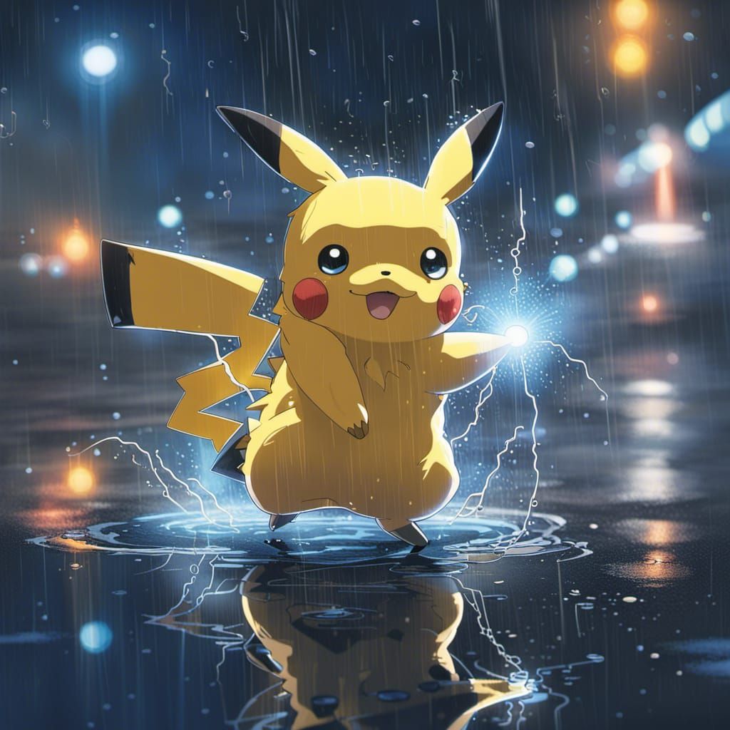 Pikachu in Rainy Puddle, Anime Style