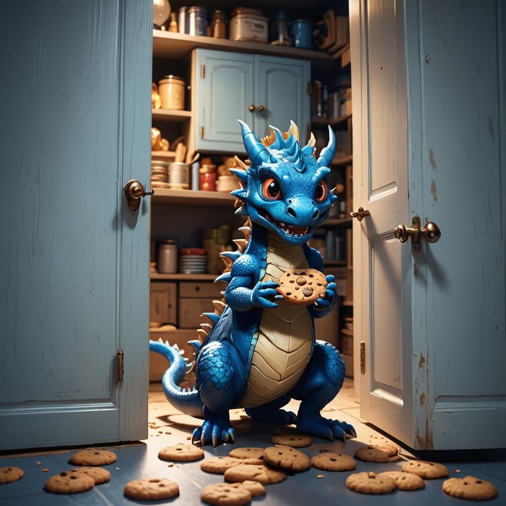 Blue Dragon's Midnight Snack: 3D Whimsical Illustration