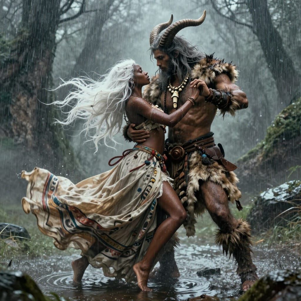 Mythical Dance in Rainy Landscape, Sumi-e Style