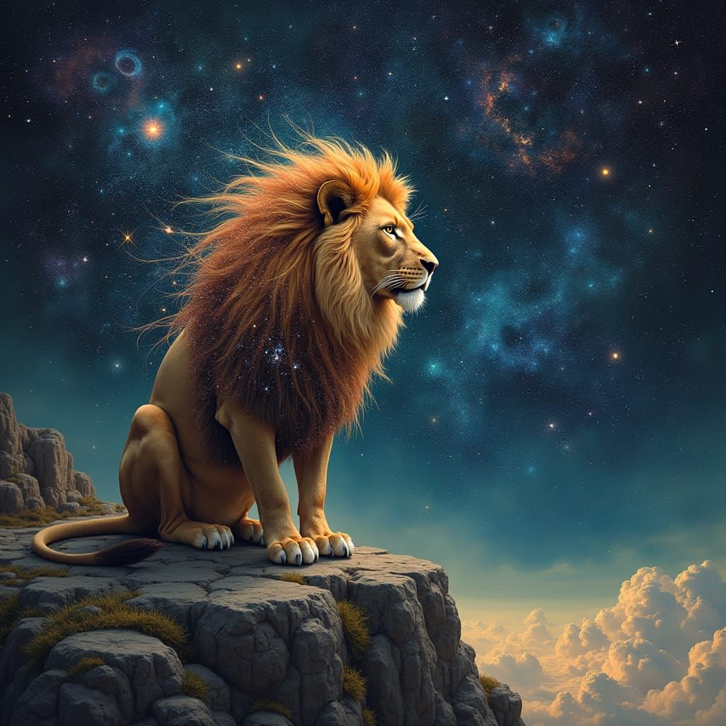 Cosmic Lion King Overlooking Nebula Sky