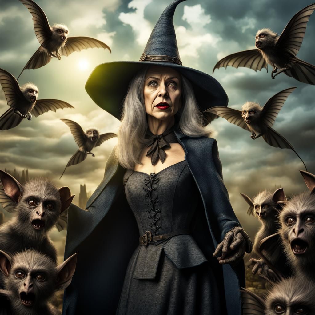 Wicked Witch Summons Flying Monkeys: 8k Photorealistic Art