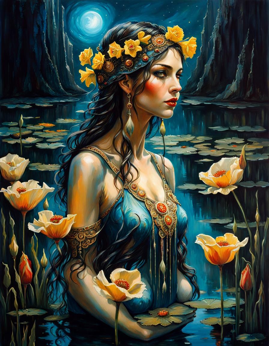 Bioluminescent Goddess Reflects in Poppy Pond