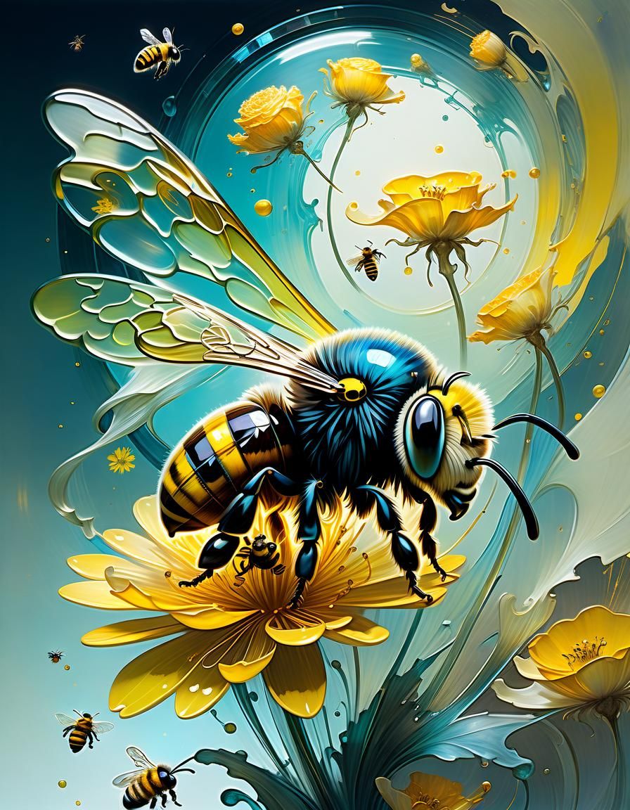 Glass Flower and Bee in Digital Airbrush Style