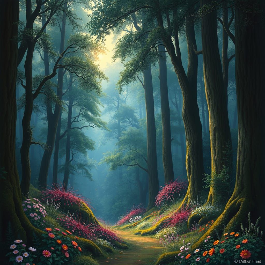 Enchanted Forest with Colorful Flowers in Fantasy Style